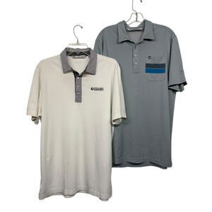 (2) Travis Mathew Men's size L Polo Golf Shirts Short Sleeve White & Gray